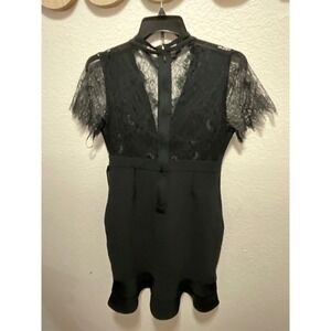 Venus Black Lace Illusion Neckline Short Sleeve Mini Dress Size L